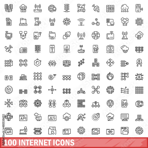 100 internet icons set, outline style