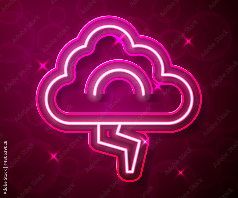 Glowing neon line Storm icon isolated on red background. Cloud and lightning sign. Weather icon of storm. Vector Glowing neon line Storm icon isolated on red background. Cloud and lightning sign. Weather icon of storm. Vector