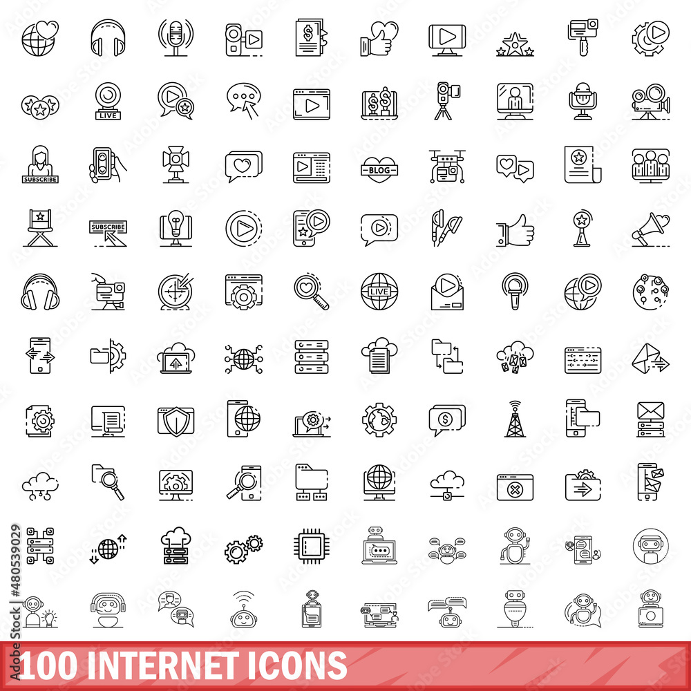 100 internet icons set, outline style 100 internet icons set, outline style