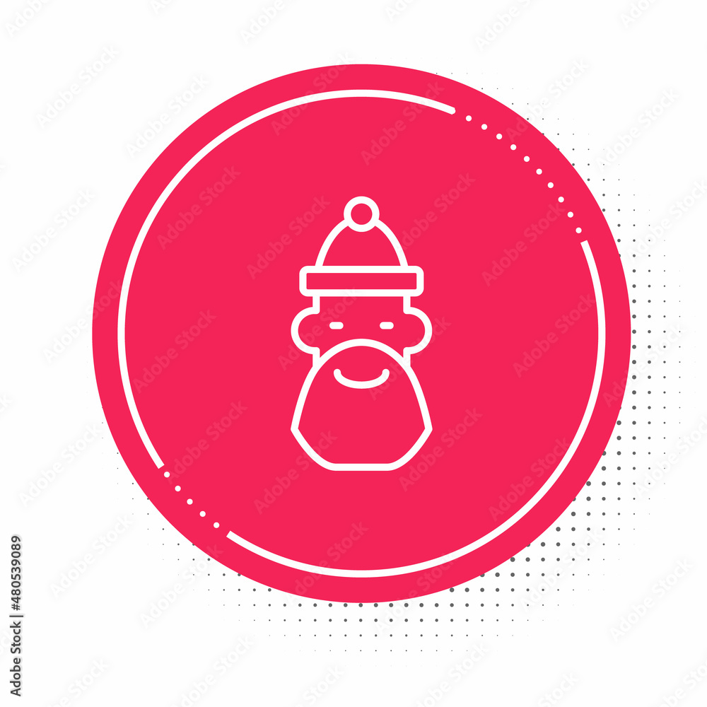 White line Santa Claus hat and beard icon isolated on white background. Merry Christmas and Happy New Year. Red circle button. Vector