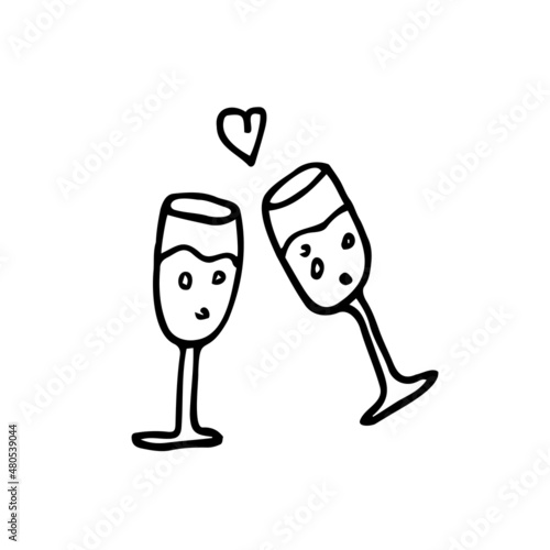 Vector line drawing ofcheering with glasses of wine or champagne. Minimalism sketch hand drawn isolated on white background. Simplicity line art abstract style.
