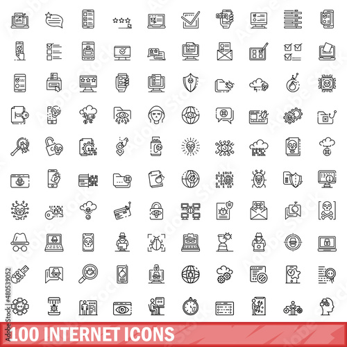 100 internet icons set, outline style