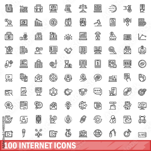 100 internet icons set, outline style