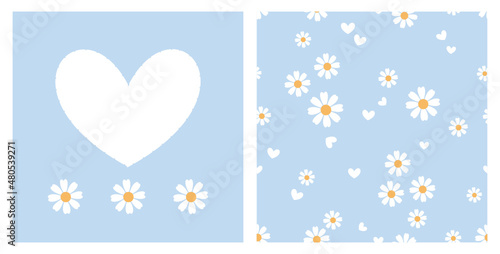 Seamless pattern with daisy flower and hand drawn hearts on blue background vector.