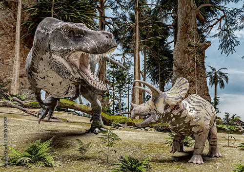 T-Rex against Triceratops in the woods, Version 3, 3D-Rendering, illustrated © Martin