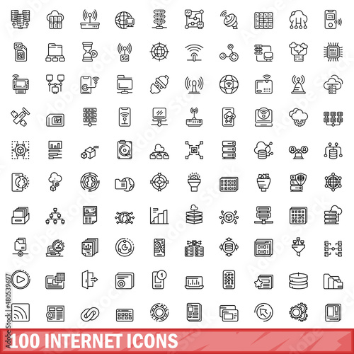 100 internet icons set, outline style