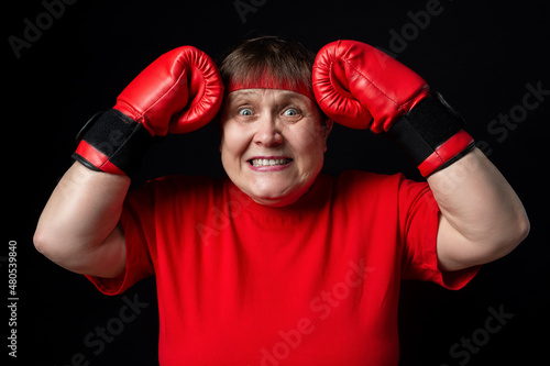 Granny boxer in red on a black background.