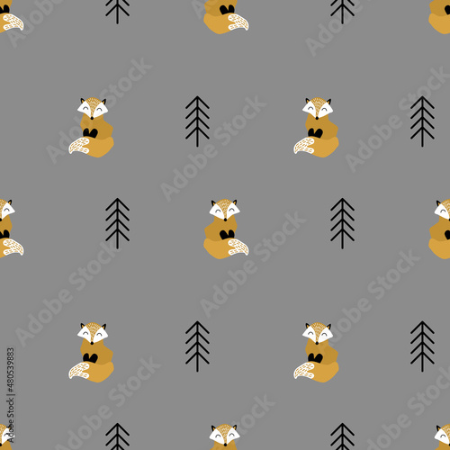 Seamless pattern with fox and fir tree. Cute woodland animal on gray background. Vector illustration.