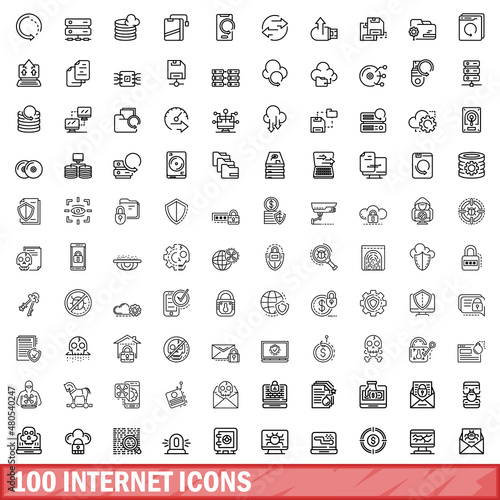 100 internet icons set, outline style Fototapet