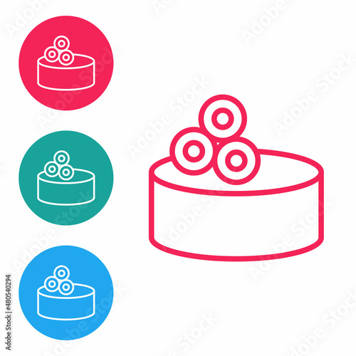 Red line Tin can with caviar icon isolated on white background. Set icons in circle buttons. Vector.