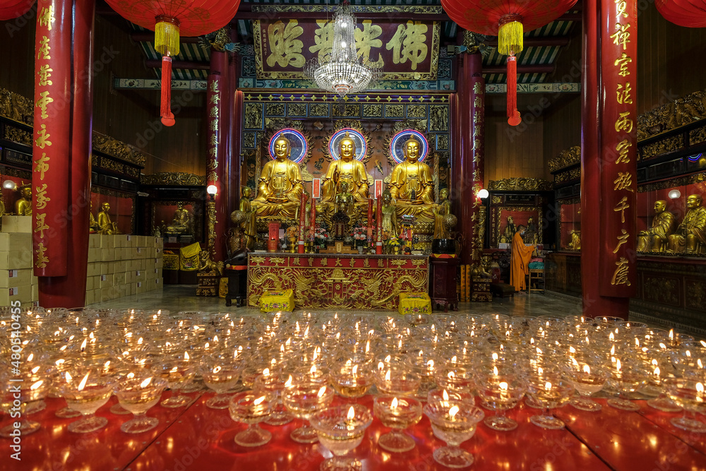 Bangkok, Thailand - January 2022: Offerings at the Buddhist temple Wat Mangkon Kamalawat on January 7, 2022 in Bangkok, Thailand.
