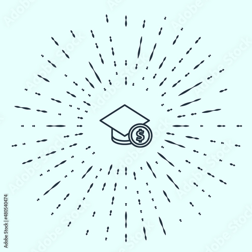 Black line Graduation cap and coin icon isolated on grey background. Education and money. Concept of scholarship cost or loan, tuition or study fee. Abstract circle random dots. Vector.