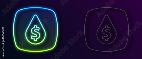Glowing neon line Oil drop with dollar symbol icon isolated on black background. Oil price. Oil and petroleum industry. Vector