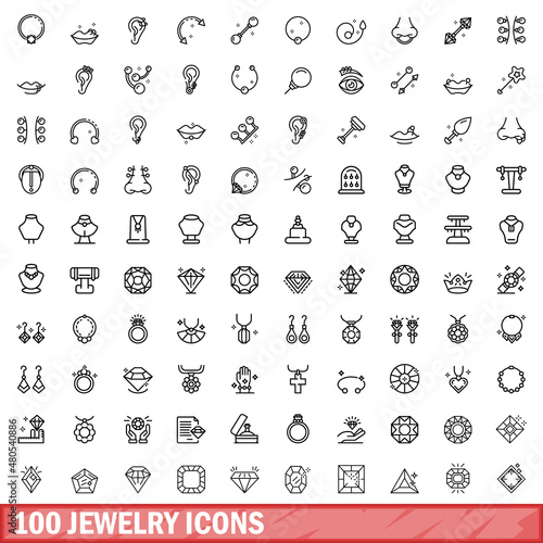 100 jewelry icons set, outline style