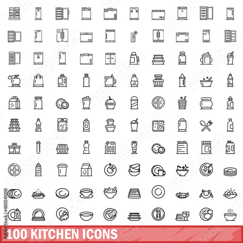100 kitchen icons set, outline style