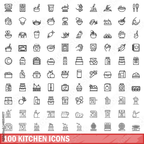 100 kitchen icons set, outline style