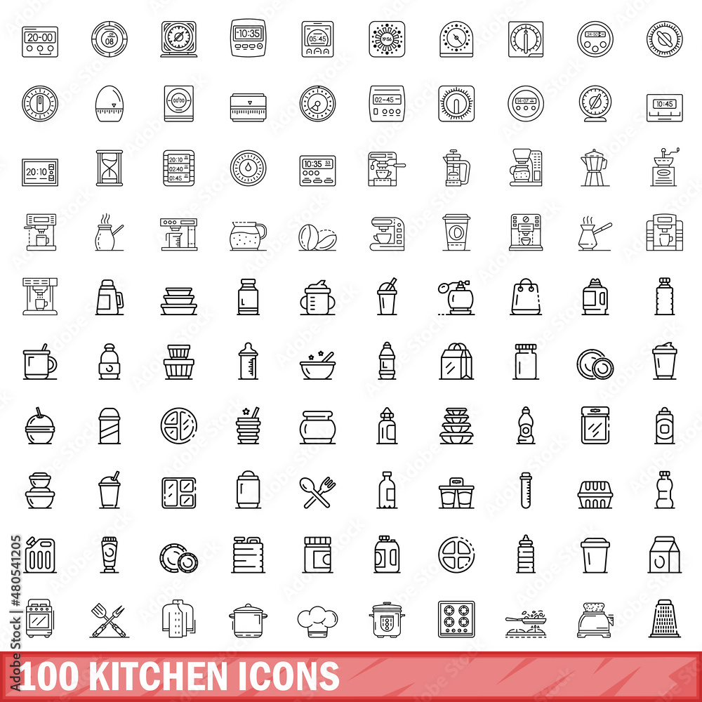 Fototapeta premium 100 kitchen icons set, outline style