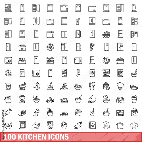 100 kitchen icons set, outline style