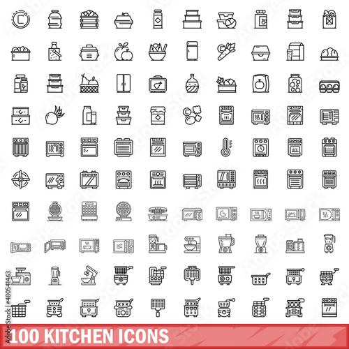 100 kitchen icons set, outline style