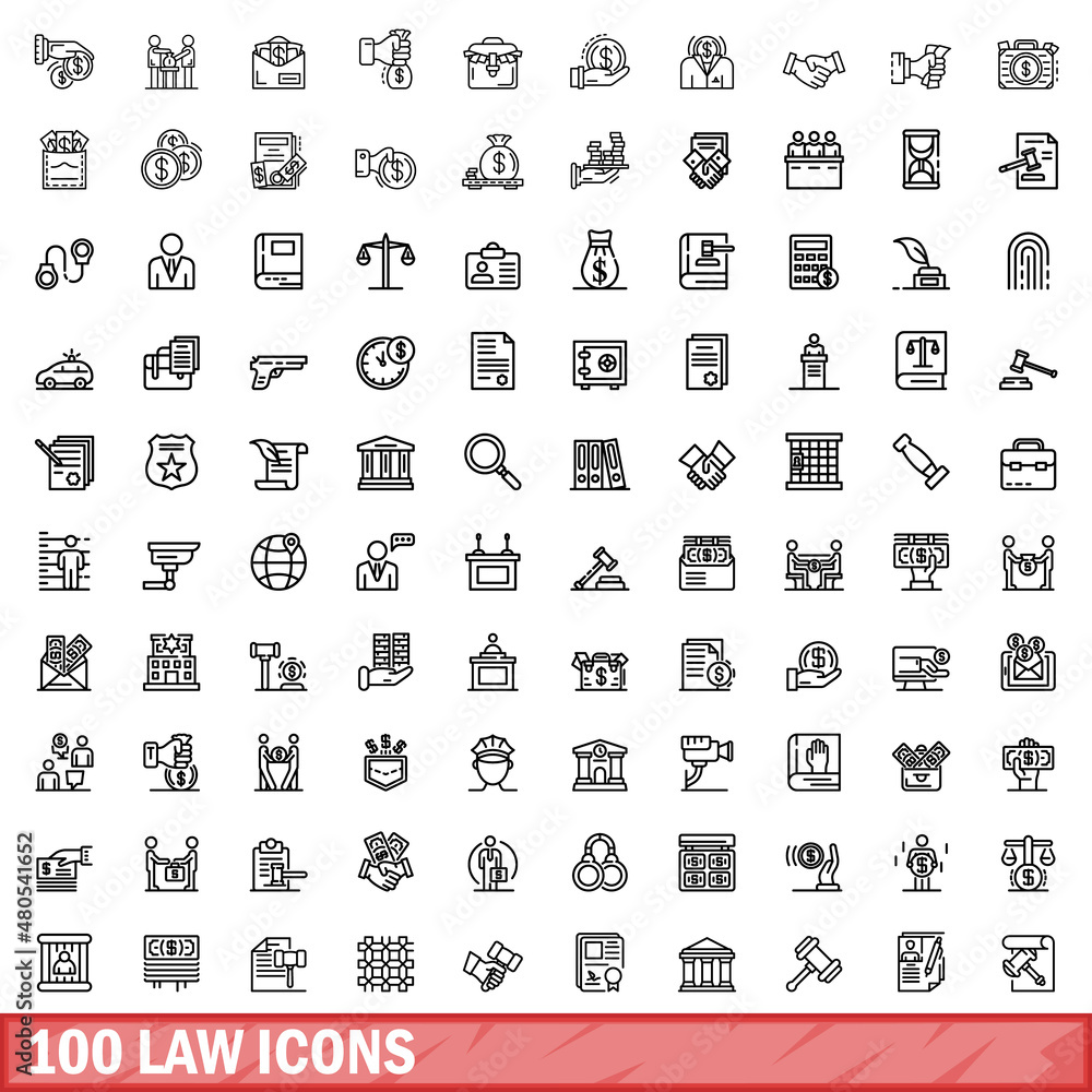 100 law icons set, outline style 100 law icons set, outline style