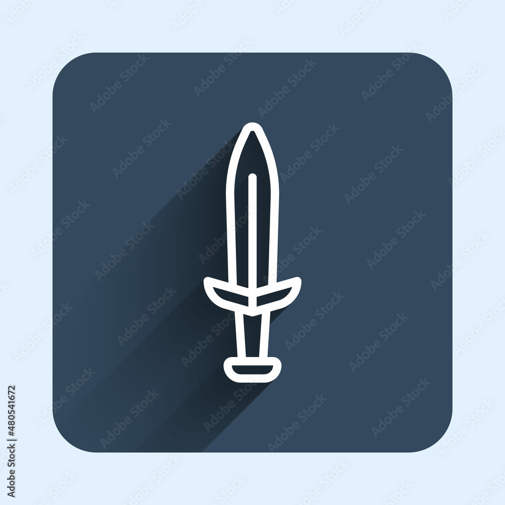 White line Medieval sword icon isolated with long shadow background. Medieval weapon. Blue square button. Vector White line Medieval sword icon isolated with long shadow background. Medieval weapon. Blue square button. Vector