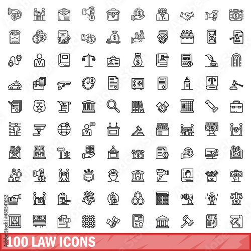 100 law icons set, outline style