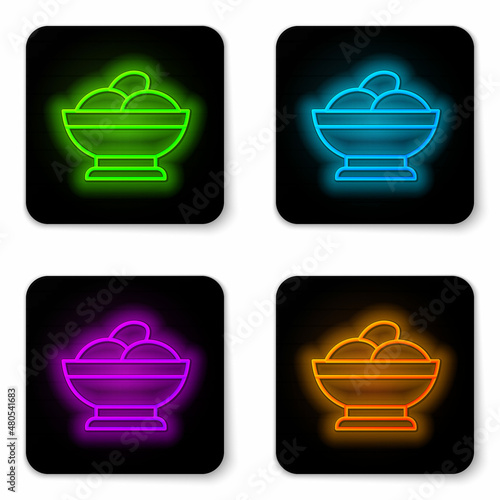Glowing neon line Varenyky in a bowl icon isolated on white background. Pierogi, varenyky, dumpling, pelmeni, ravioli. Traditional Ukrainian food. Black square button. Vector