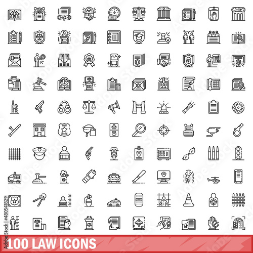 100 law icons set, outline style
