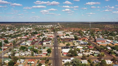 Historic buildings in downtown of Cobar mining town in outback – aerial 4k.
 photo