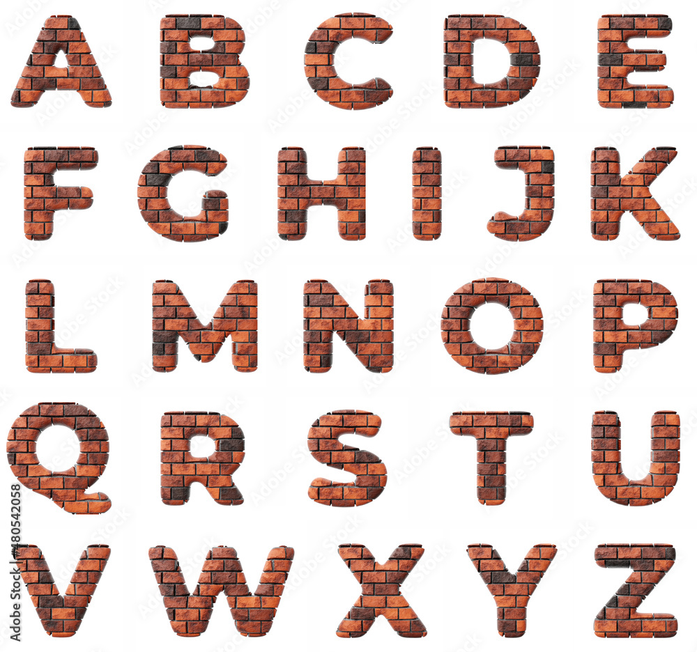Fototapeta premium Bricks letter alphabet on clean white background isolated red bricks wall 3D render