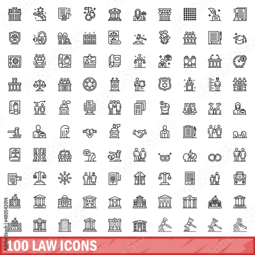 100 law icons set, outline style
