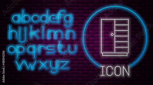 Glowing neon line Wardrobe icon isolated on brick wall background. Neon light alphabet. Vector