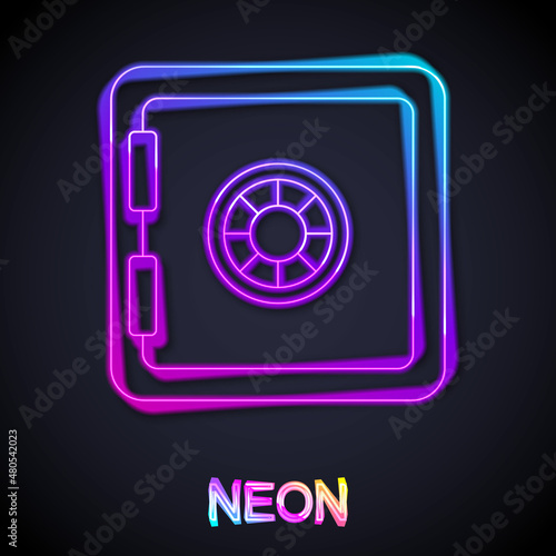 Glowing neon line Safe icon isolated on black background. The door safe a bank vault with a combination lock. Reliable Data Protection. Vector