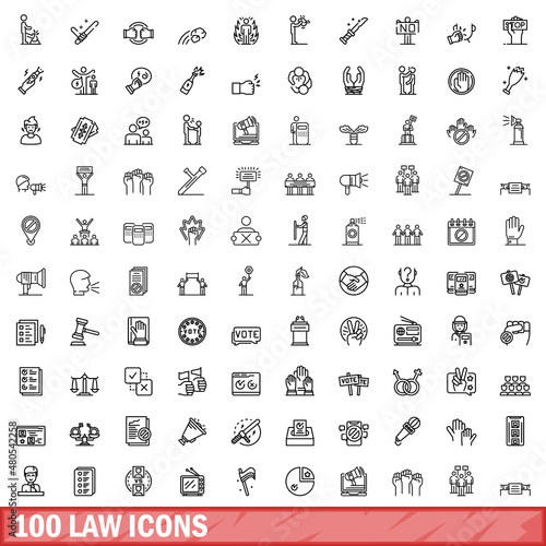 100 law icons set, outline style