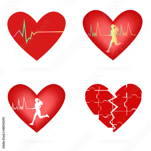 set of cartoon hearts, a broken heart with a crack, folded into a puzzle and a running man with a rapid heartbeat. Illustration in a flat vector style.
