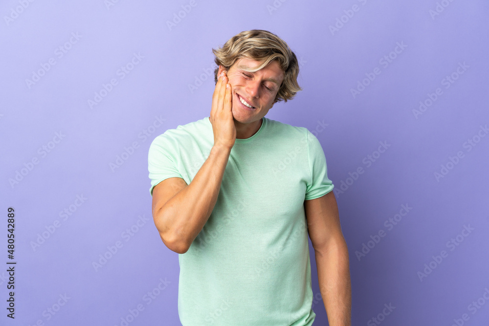 English man over isolated purple background with toothache English man over isolated purple background with toothache