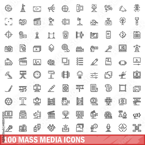 100 mass media icons set, outline style