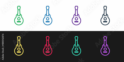 Set line Mexican guitar icon isolated on black and white background. Acoustic guitar. String musical instrument. Vector