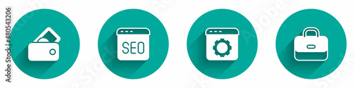 Set Wallet with money, SEO optimization, Browser setting and Briefcase icon with long shadow. Vector