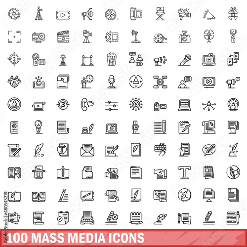 100 mass media icons set, outline style