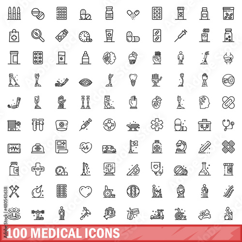 100 medical icons set, outline style