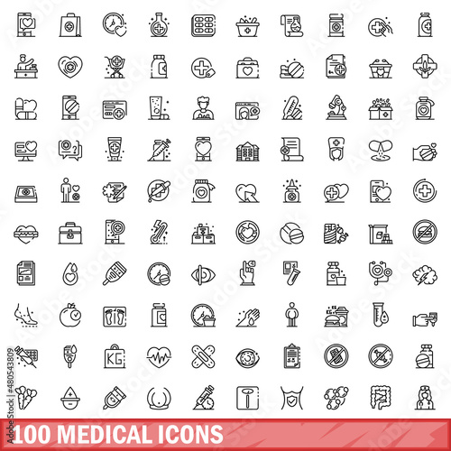 100 medical icons set, outline style
