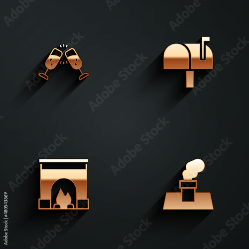 Set Glass of champagne, Mail box, Interior fireplace and Christmas chimney icon with long shadow. Vector