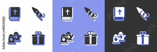 Set Gift box, Holy bible book, Christmas mittens and Firework rocket icon. Vector