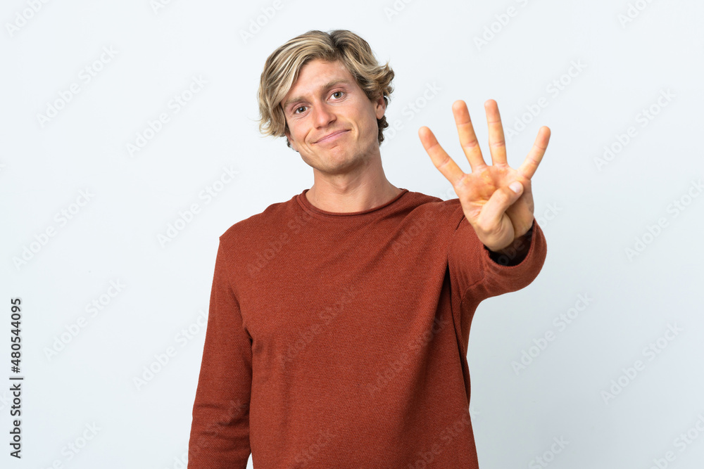 English man over isolated white background happy and counting four with fingers English man over isolated white background happy and counting four with fingers