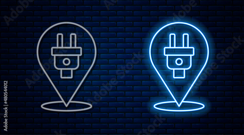 Glowing neon line Electric plug icon isolated on brick wall background. Concept of connection and disconnection of the electricity. Vector