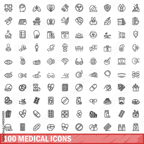 100 medical icons set, outline style
