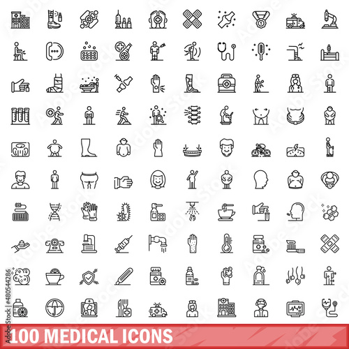 100 medical icons set, outline style