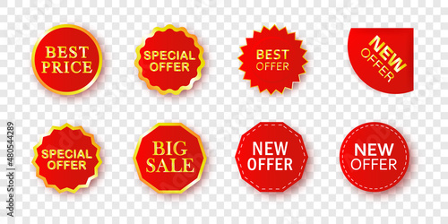 Collection of red labels isolated on white background
