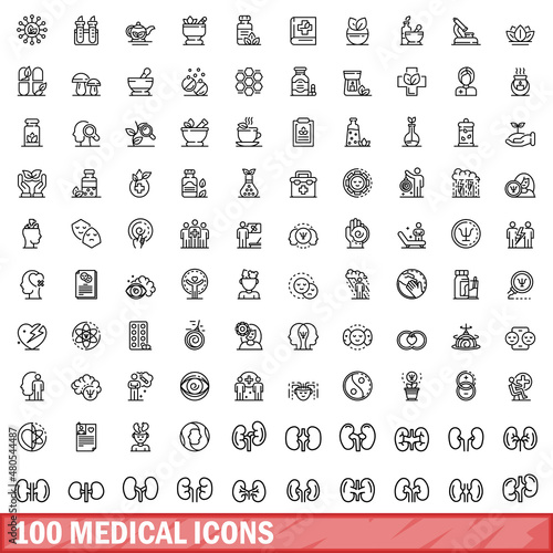 100 medical icons set, outline style